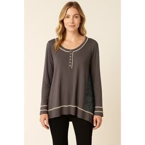 POL Gray Lace Contrast Tunic Top Sz L Crochet Trim Boho Festival Blouse Feminine